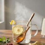 A steaming glass of hot water on a stylish desk representing a healthy morning habit.
