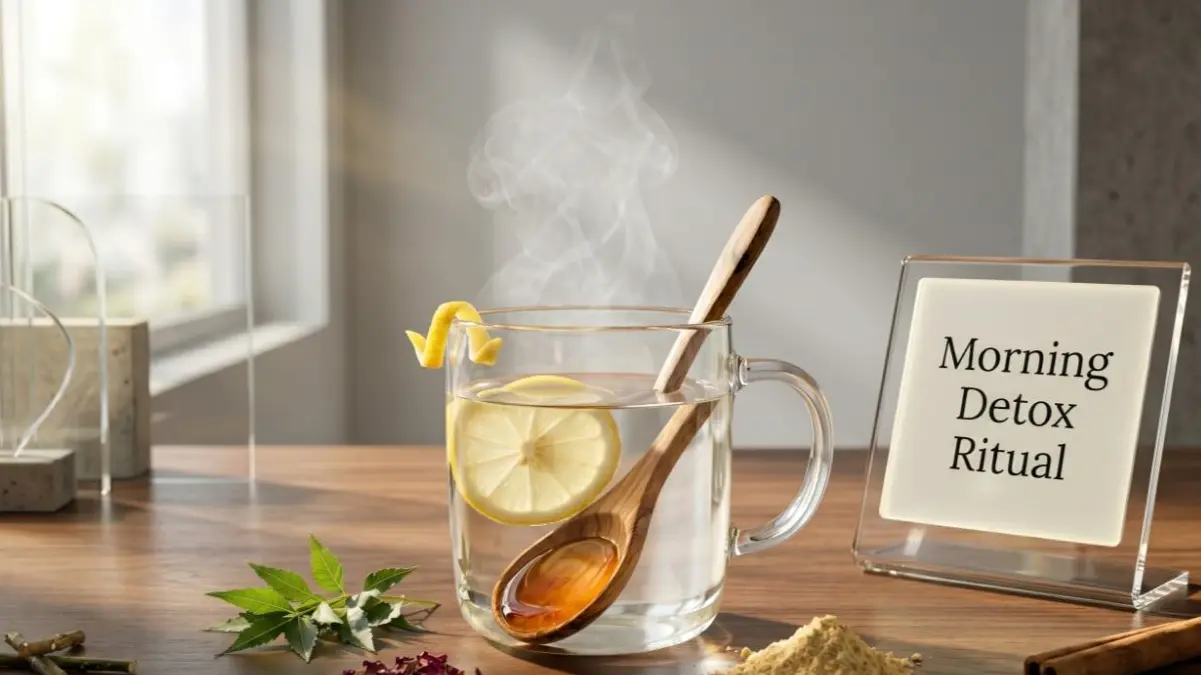 A steaming glass of hot water on a stylish desk representing a healthy morning habit.