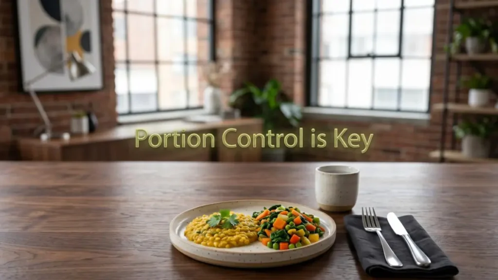 A small plate with balanced food on a desk highlighting how to avoid overeating.