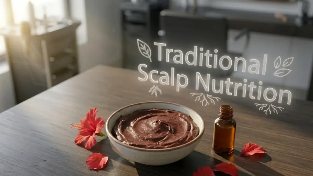 Herbal hibiscus and fenugreek hair mask paste on a desk highlighting traditional hair care.