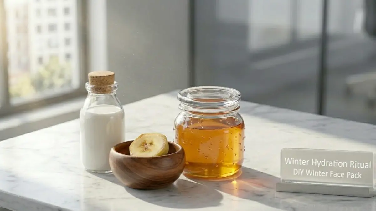 Fresh milk, honey, and banana on a stylish desk representing organic ingredients for a winter face pack.