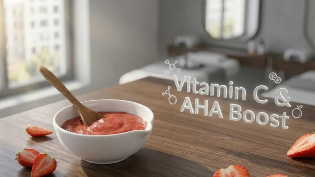 Preparation of a fresh strawberry and honey face pack paste in a bowl on a desk.