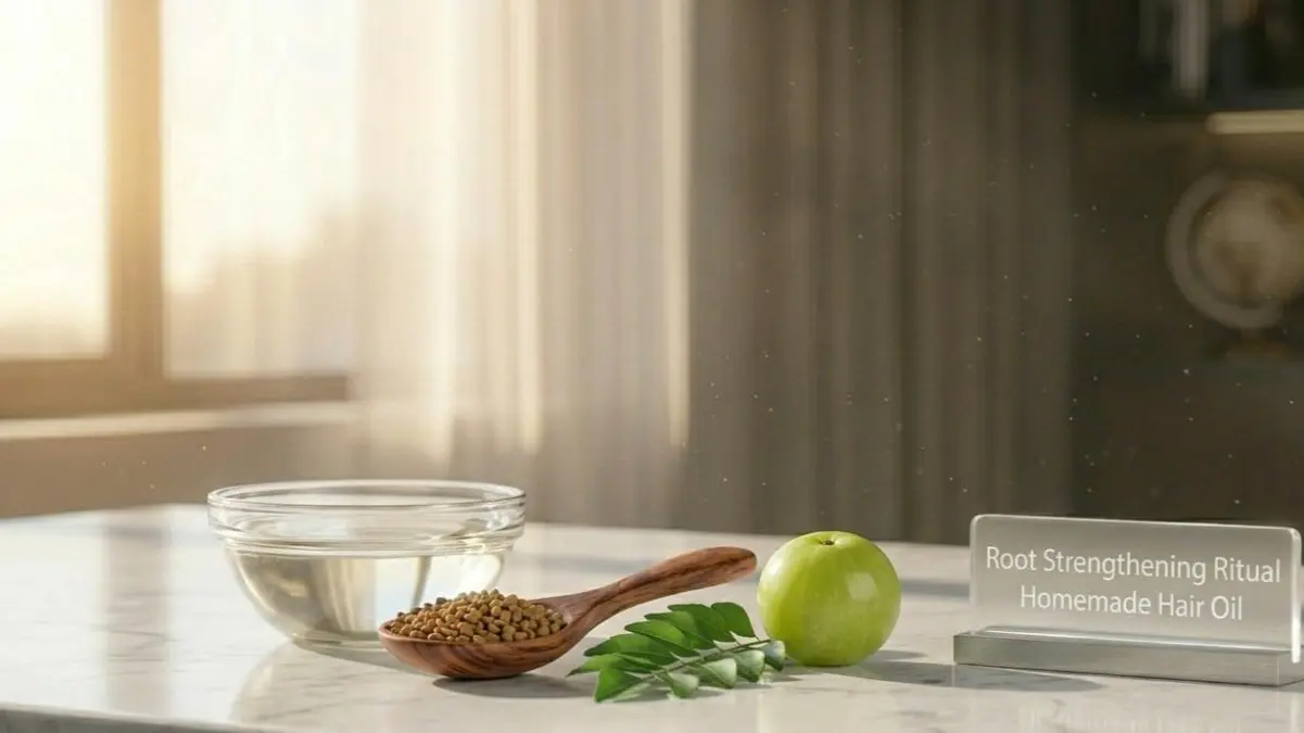 Coconut oil, fenugreek seeds, and curry leaves on a stylish desk representing organic hair oil ingredients.