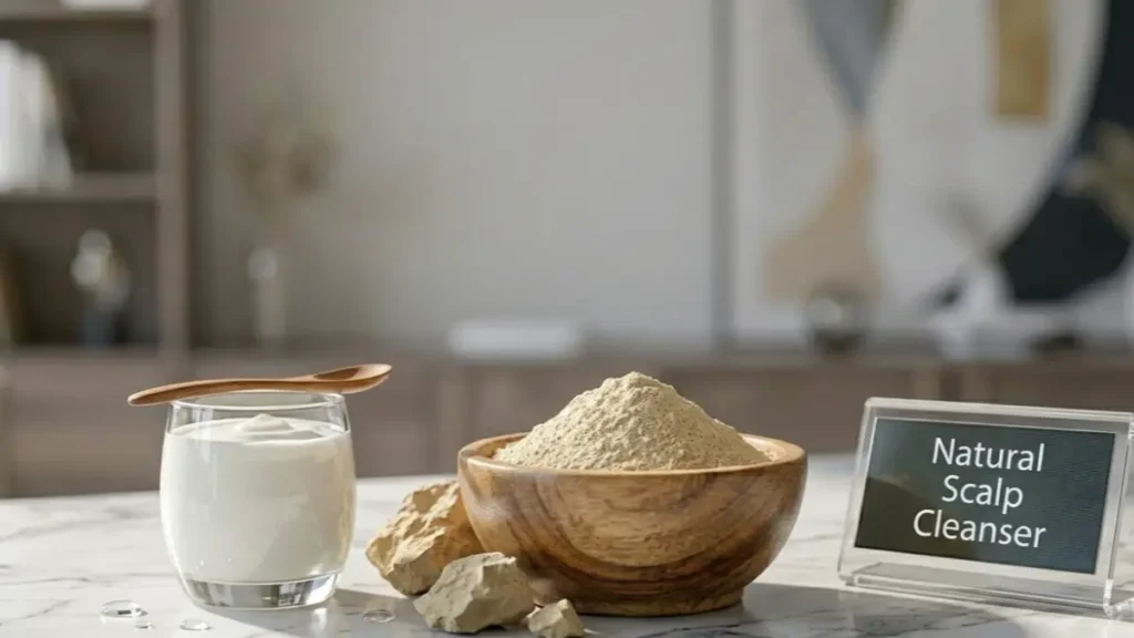 Raw Multani Mitti and yogurt on a stylish desk representing a natural hair care remedy.