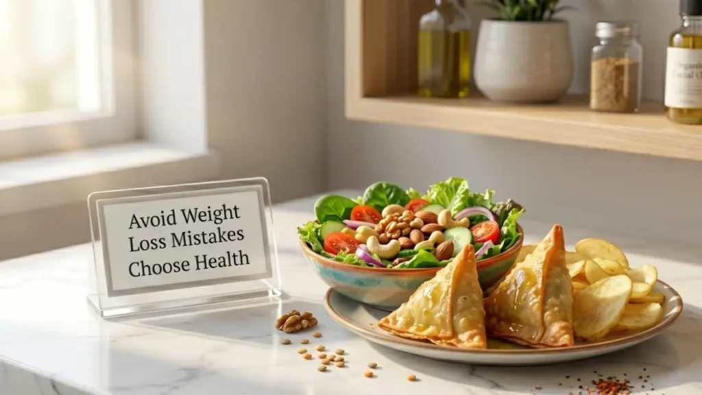 Unhealthy snacks vs healthy food on a stylish desk representing key Weight Loss Mistakes.