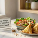 Unhealthy snacks vs healthy food on a stylish desk representing key Weight Loss Mistakes.