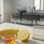 Raw ingredients like banana, honey, and lemon on a stylish desk representing a hydrating hair mask.