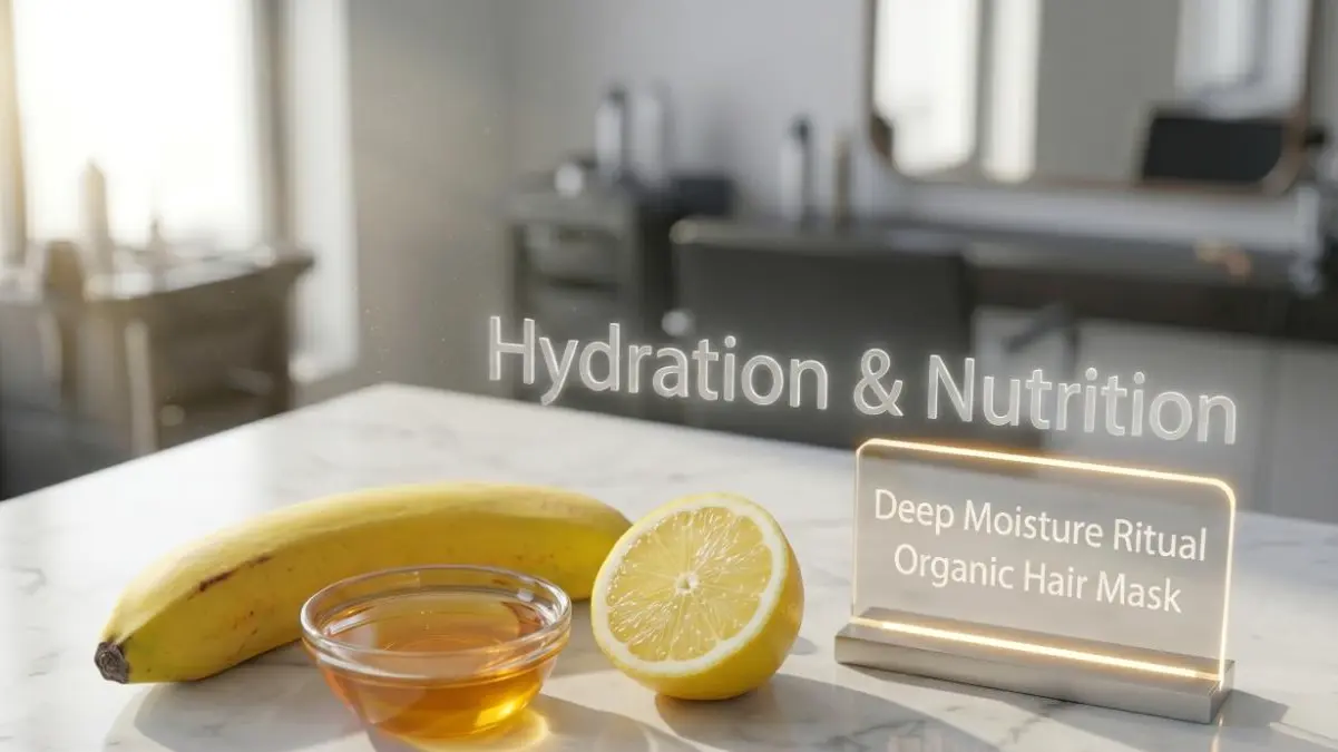 Raw ingredients like banana, honey, and lemon on a stylish desk representing a hydrating hair mask.