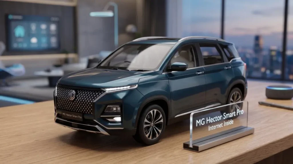 MG Hector Smart Pro on a stylish desk highlighting its internet-inside features and design.