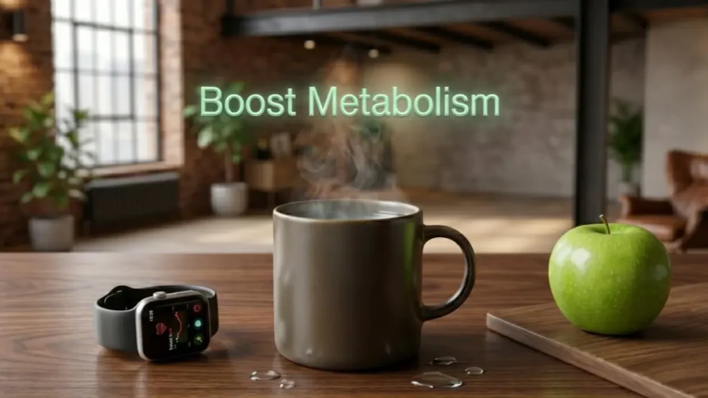 Hot water mug on a desk highlighting metabolism and weight loss benefits.