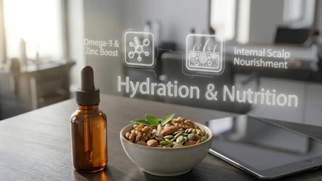 A bowl of healthy nuts and seeds on a desk representing nutritional diet for hair health.