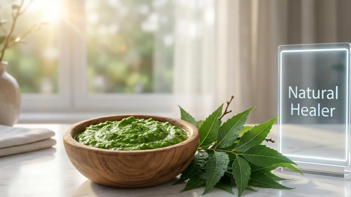 Fresh neem leaf paste in a bowl on a stylish desk representing natural skincare.