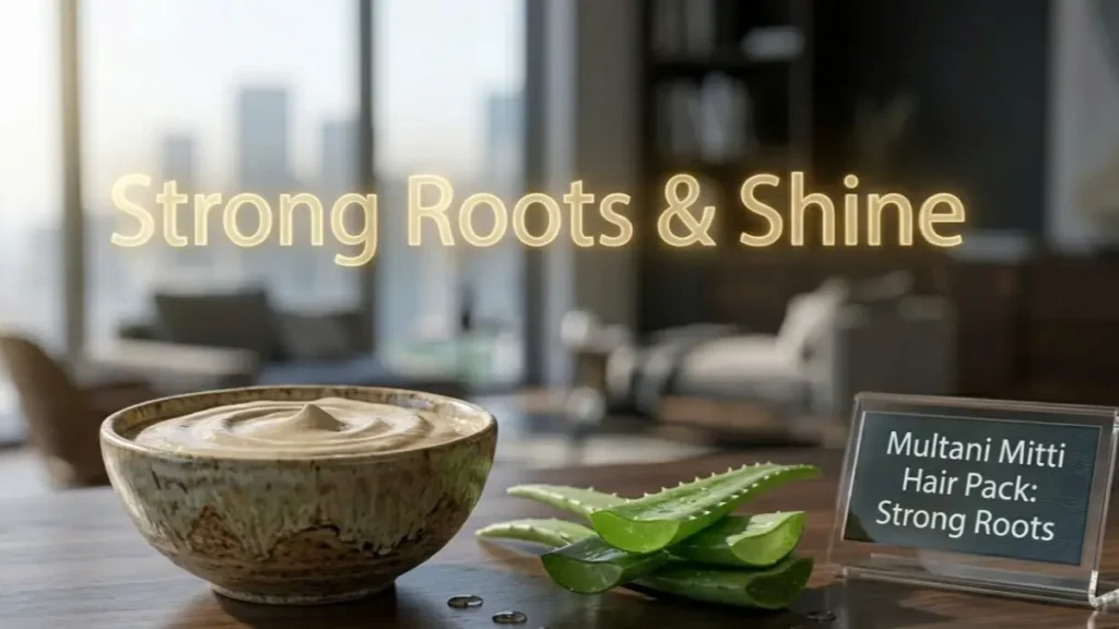 Prepared Multani Mitti hair mask with aloe vera on a desk highlighting root strength.