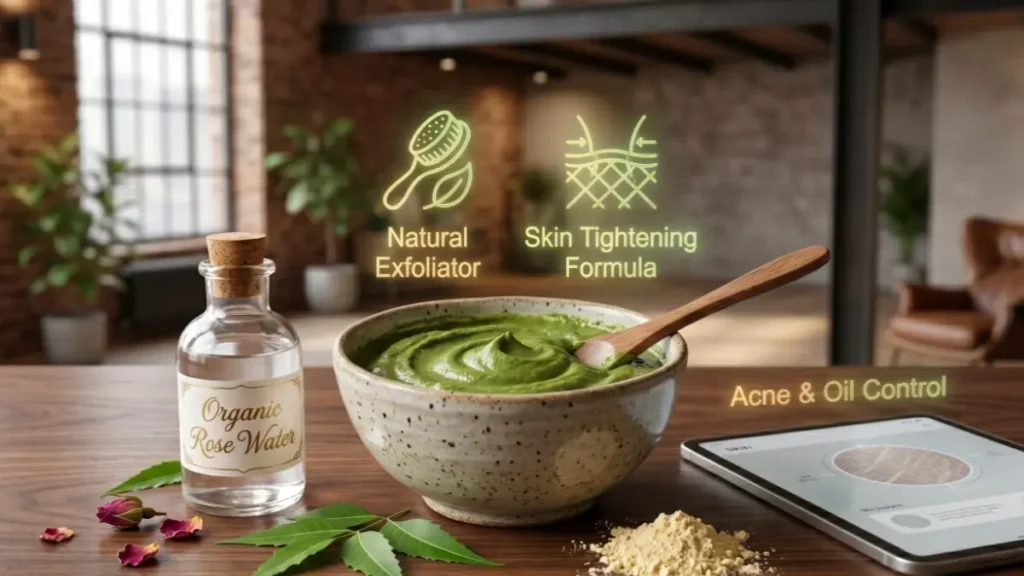 Neem and Besan face pack on a desk representing skin tightening and anti-aging properties.