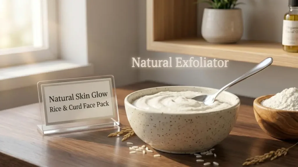 Preparation of Rice and Curd face pack on a desk highlighting its exfoliation benefits.