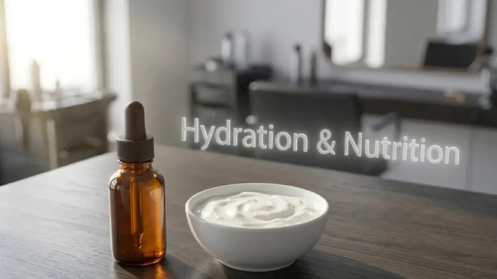 Dandruff: Hair serum bottle and yogurt on a desk highlighting moisture and hydration for dry scalp.
