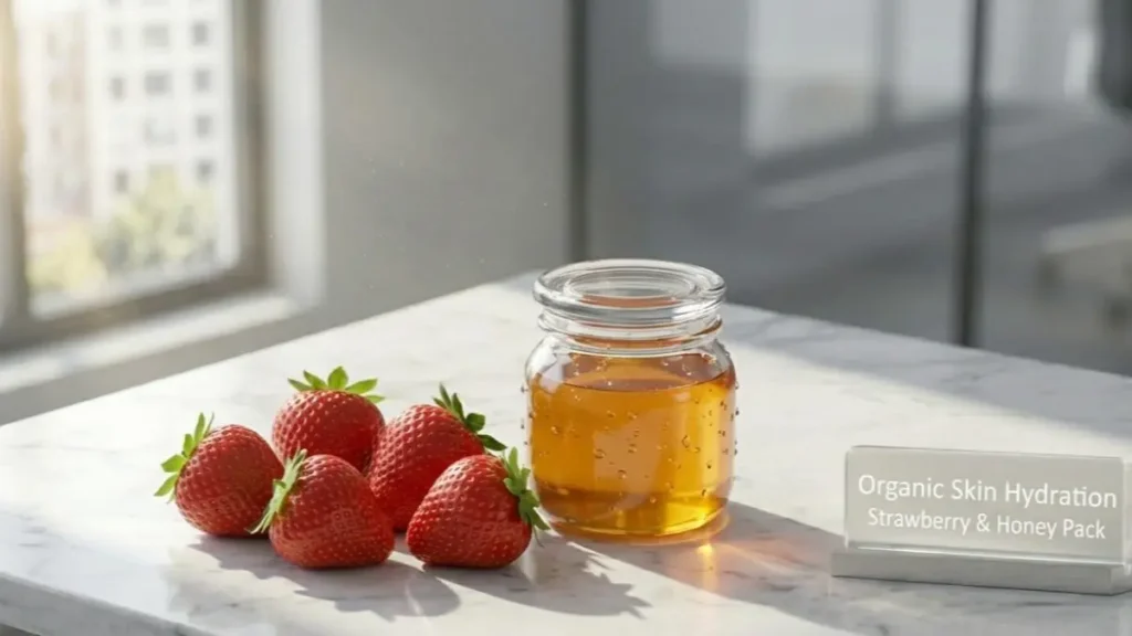 Fresh strawberries and a jar of organic honey on a stylish desk representing natural skin care ingredients.
