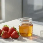 Fresh strawberries and a jar of organic honey on a stylish desk representing natural skin care ingredients.