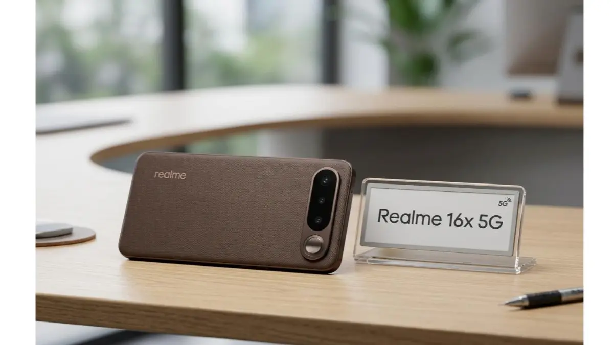 Realme 16x 5G in Endurance Brown color on a stylish desk.
