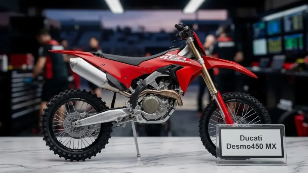 Ducati Desmo450 MX on a stylish desk highlighting its professional motocross design.