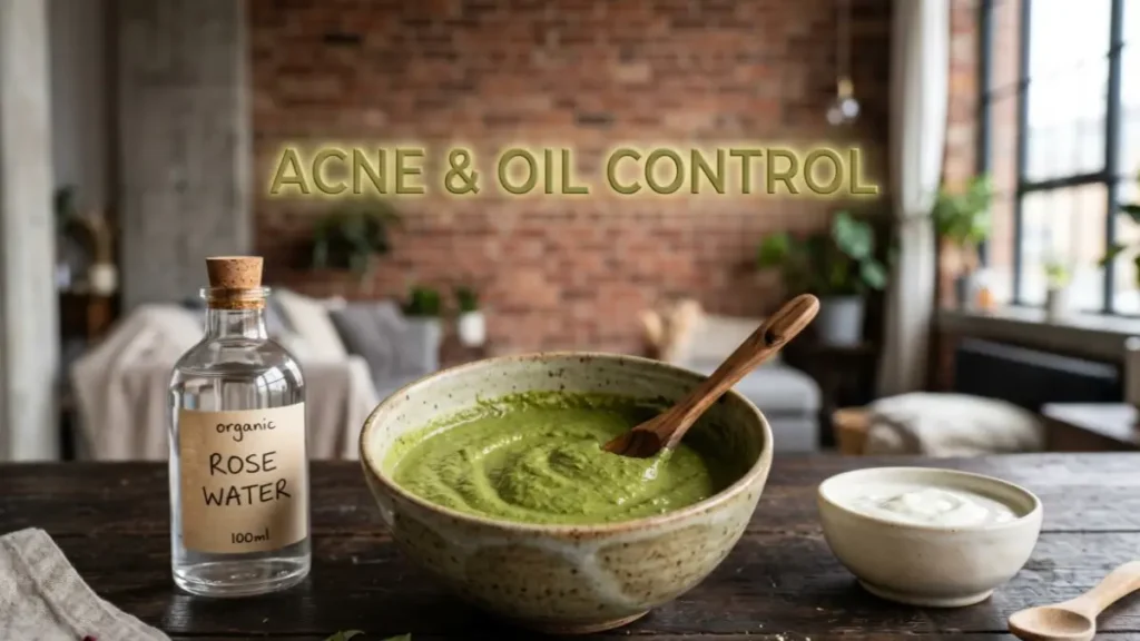 Preparation of Neem and Besan face pack on a desk highlighting oil control benefits.