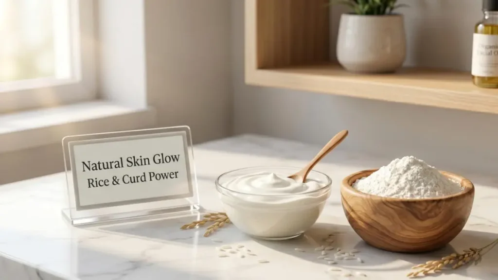 Fresh rice flour and curd in bowls on a stylish desk representing a natural face pack.