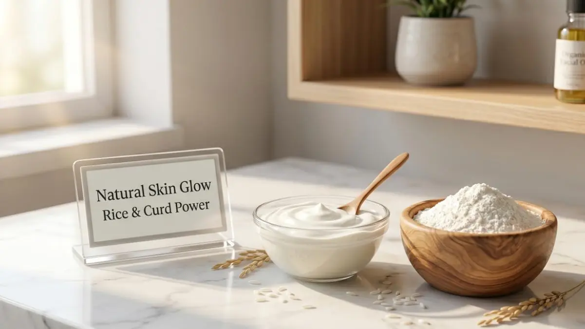 Fresh rice flour and curd in bowls on a stylish desk representing a natural face pack.