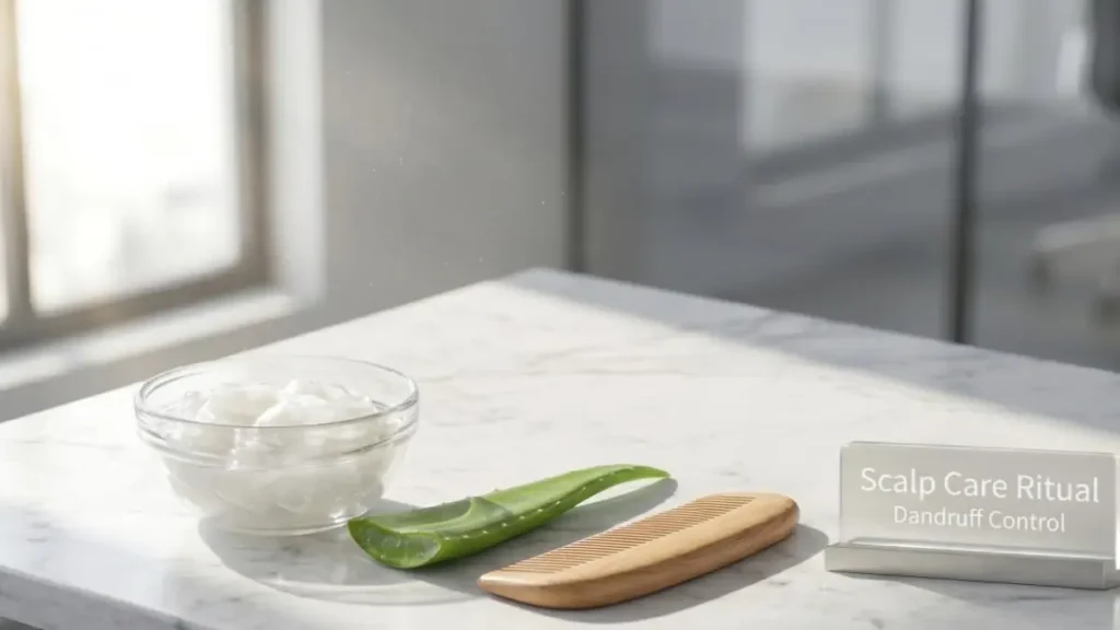 Natural hair care items like coconut oil and aloe vera on a stylish desk representing a healthy scalp routine.