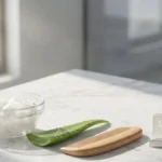 Natural hair care items like coconut oil and aloe vera on a stylish desk representing a healthy scalp routine.