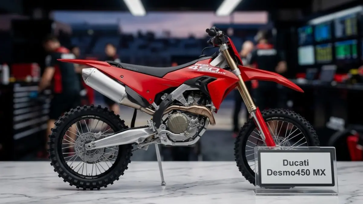Ducati Desmo450 MX on a stylish desk highlighting its professional motocross design.