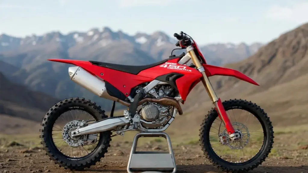 Side profile of Ducati Desmo450 MX showcasing its racing stance and premium hardware.