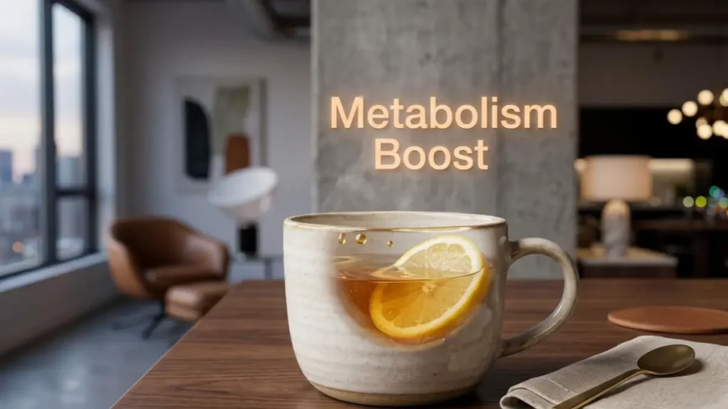 Warm water with honey and lemon on a desk highlighting metabolism boost.