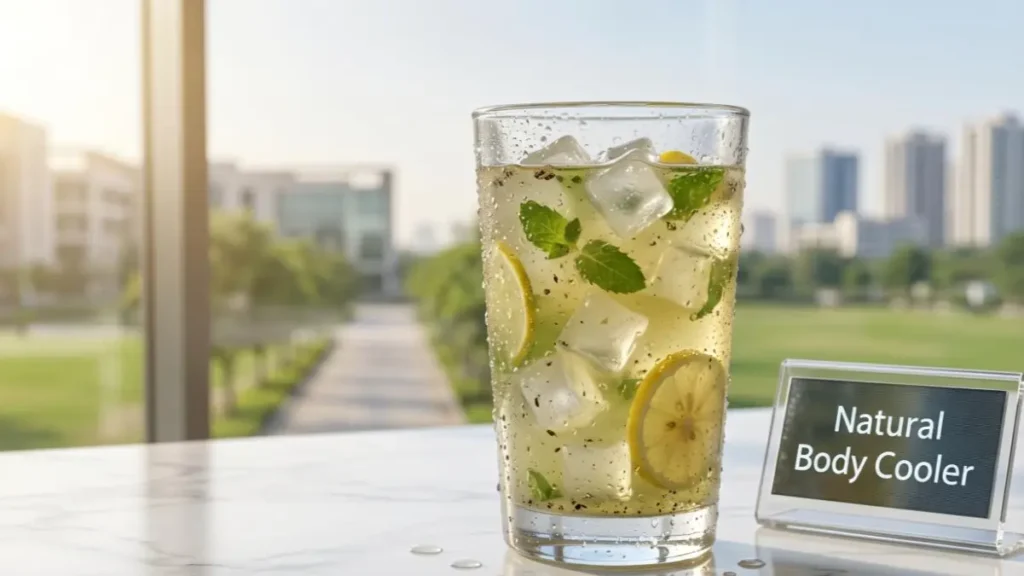 A glass of shikanji with Gond Katira on a stylish desk representing a healthy morning drink.