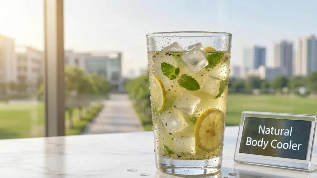 A glass of shikanji with Gond Katira on a stylish desk representing a healthy morning drink.