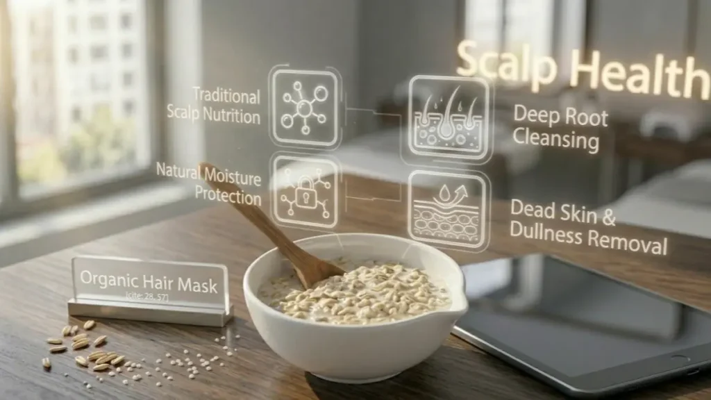 Homemade skin scrub pack on a desk with a digital graphic overlay showing moisture lock data.