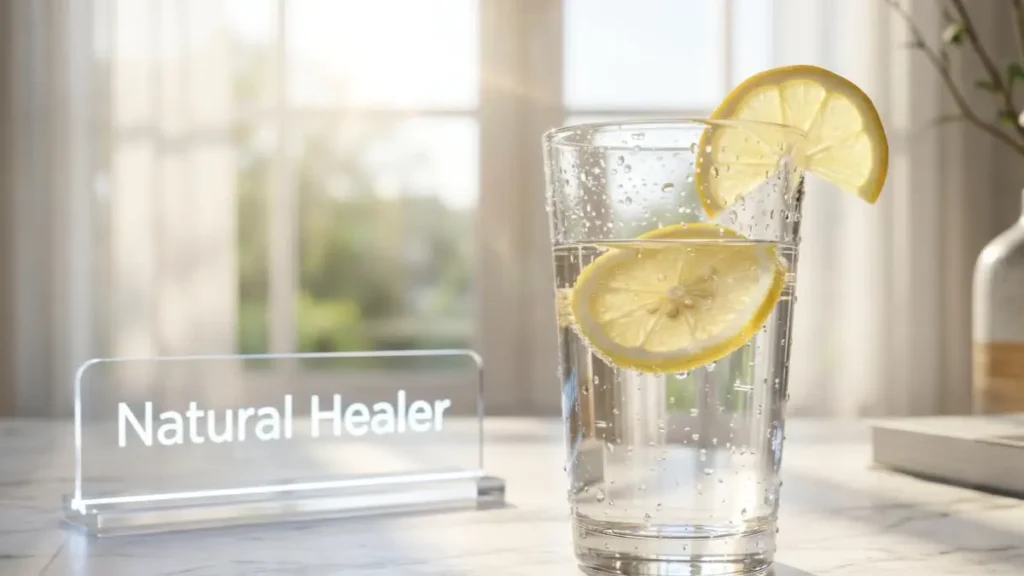 A refreshing glass of water on a stylish desk representing morning health benefits.
