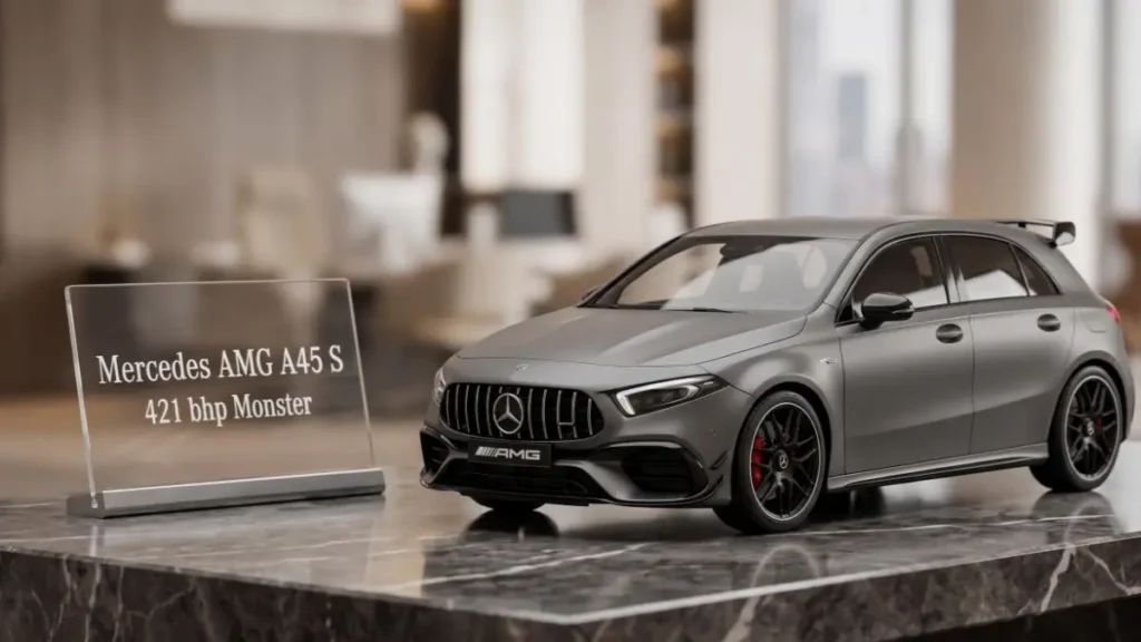 Mercedes AMG A45 S on a stylish desk highlighting its powerful design.