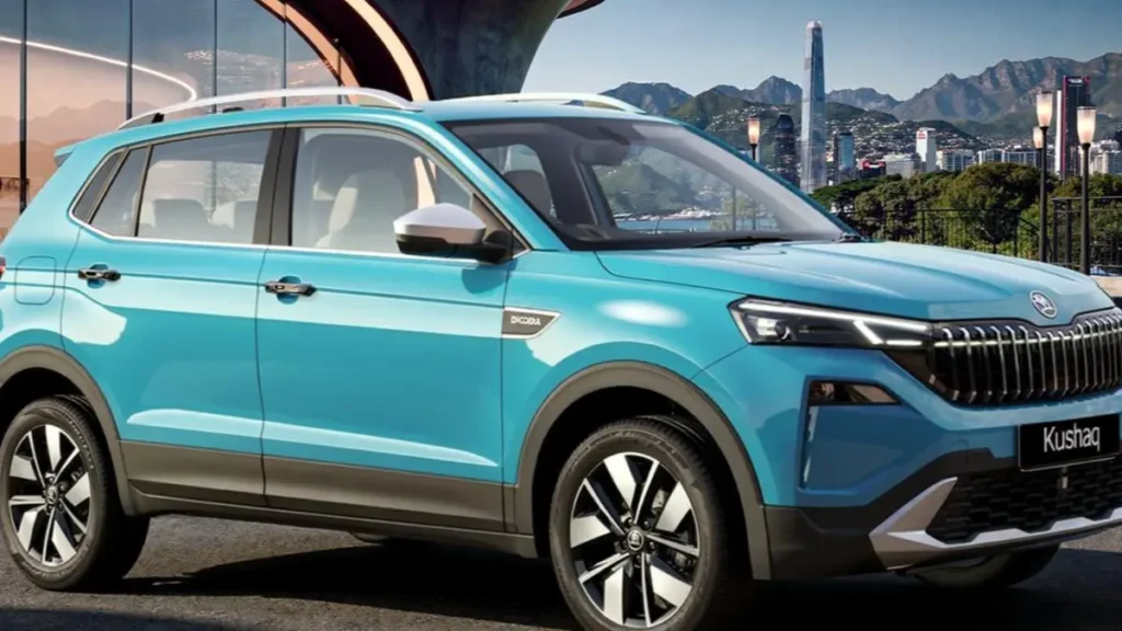 Side profile of 2026 Skoda Kushaq Facelift highlighting its new panoramic sunroof and alloy wheels.
