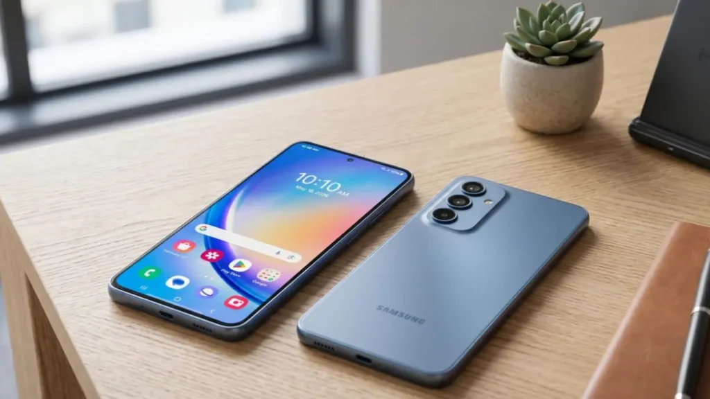 Samsung Galaxy A37 5G smartphone on a stylish desk showcasing its vibrant Super AMOLED display.