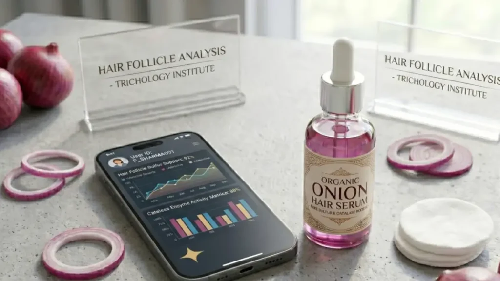 Onion For Hairs: Organic onion serum on a desk next to a digital screen displaying hair tissue health tracking parameters.