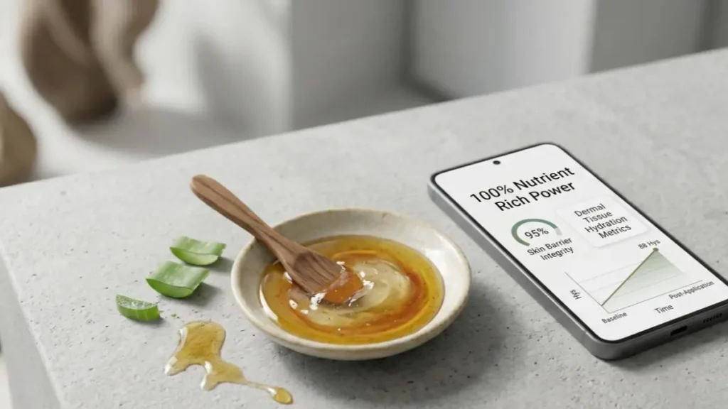 Olive Oil For Skin olive oil and honey face pack bowl on a desk next to a digital skincare database screen.