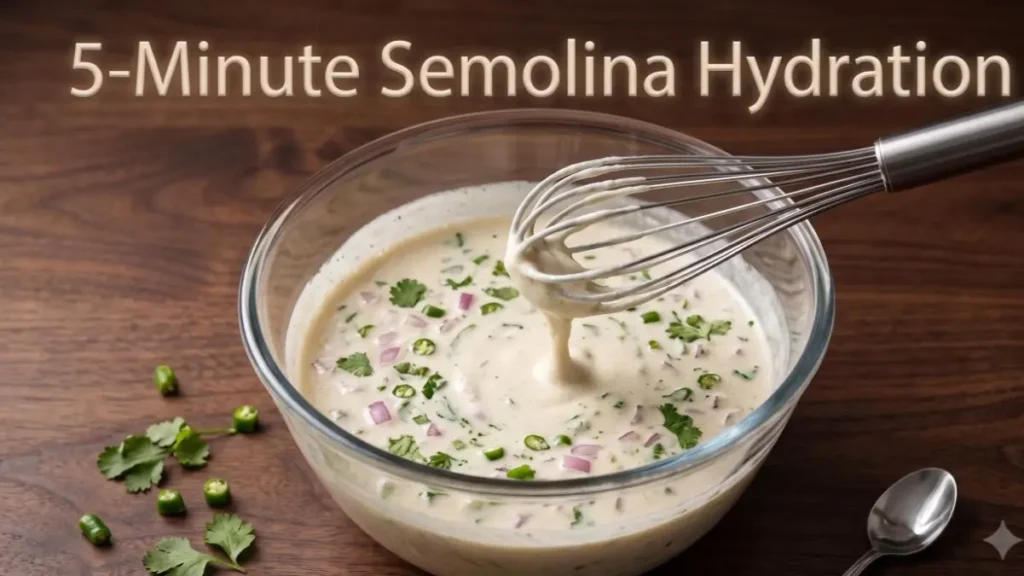 Mixing of chilla batter with vegetables in a glass bowl on a dark wood desk.