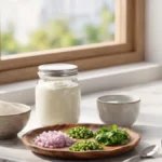 Raw semolina, yogurt, chopped onions, and fresh coriander arranged on a stylish desk representing chilla ingredients.