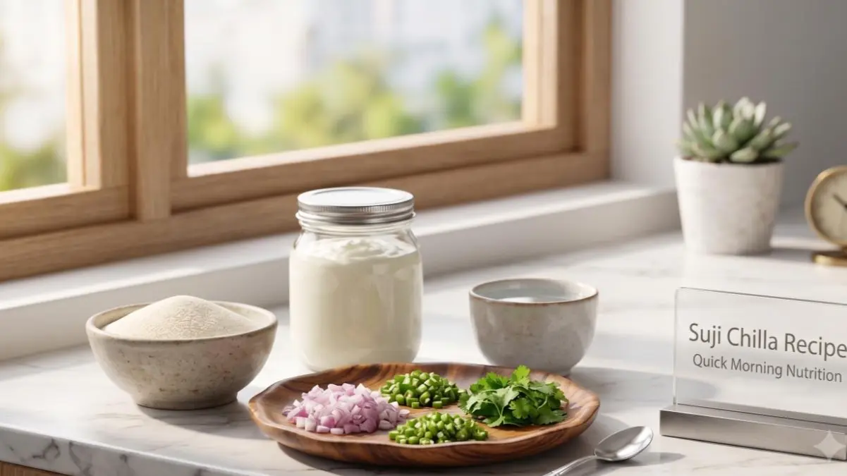 Raw semolina, yogurt, chopped onions, and fresh coriander arranged on a stylish desk representing chilla ingredients.