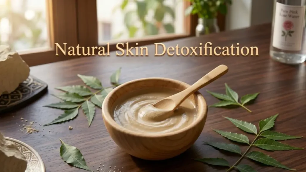 Custom blending of a smooth multani mitti face pack paste in a bamboo bowl on a desk.