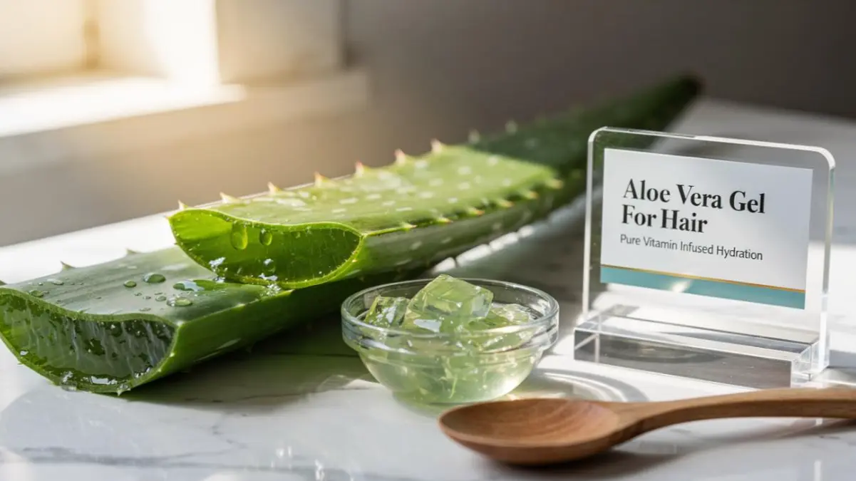 Fresh aloe vera leaf cut open and extracted gel in a glass bowl arranged on a stylish desk representing natural hair care ingredients.