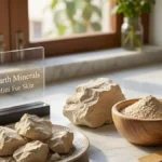 Raw multani mitti chunks and powder bowl arranged on a stylish desk representing organic skincare ingredients.