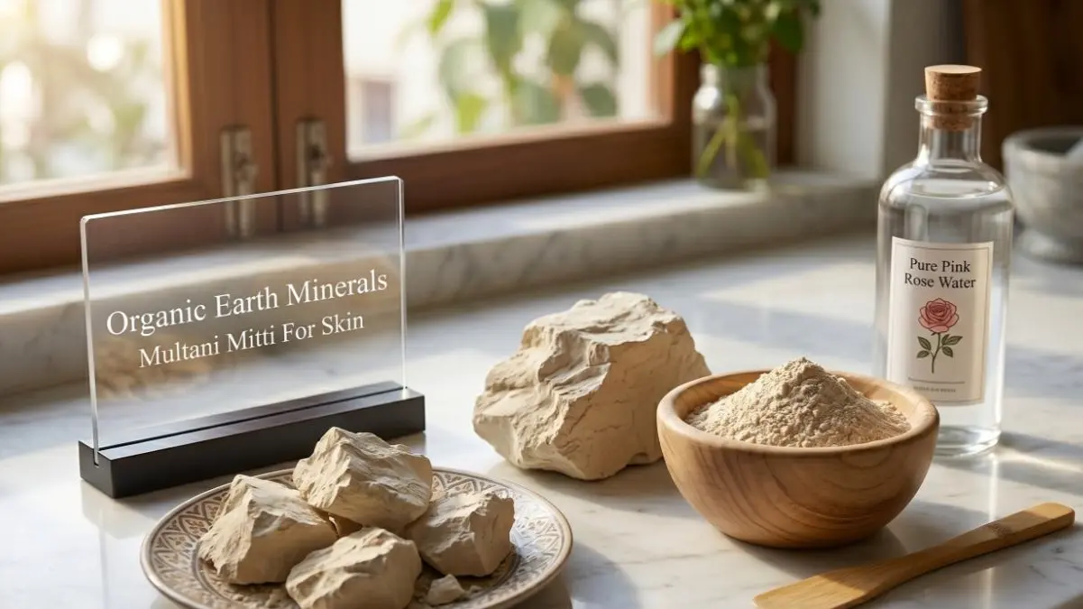 Raw multani mitti chunks and powder bowl arranged on a stylish desk representing organic skincare ingredients.