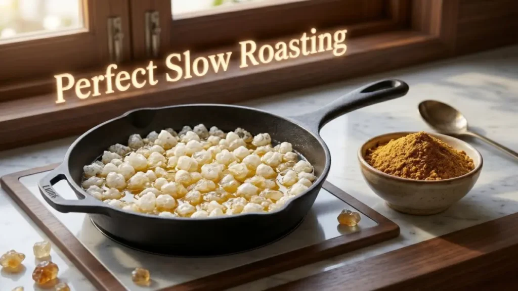 Puffed fried gond crystals and golden roasted wheat flour in a cooking pan representing laddu preparation.