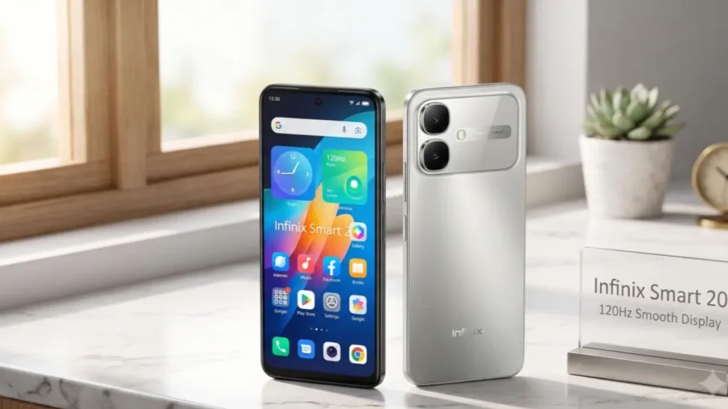 Two Infinix Smart 20 smartphones on a stylish desk showcasing both front 120Hz display screen and rear design.